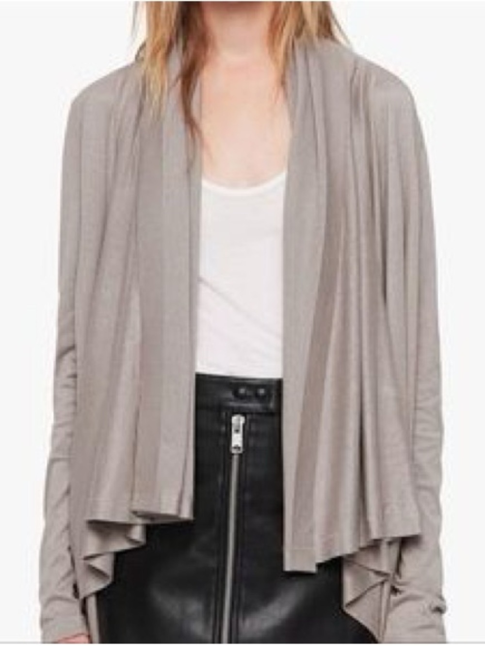 ALLSAINTS Open Front Draped Waterfall Cardigan Sweater Taupe / Grey Size S
